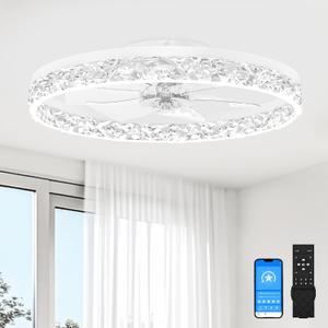 VOLISUN Fandelier Ceiling Fans with Light, 23.6in Low Profile Ceiling Fan with Light and Remote, 3000K-6500K Dimmable Bladeless Ceiling Fan Flush Mount, White Modern Ceiling Fans for Bedroom