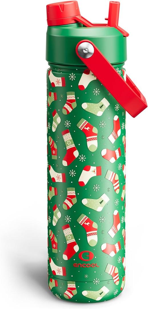 ENCOOL Christmas Insulated Water Bottle with Straw, Stainless Steel Water Bottle, Leak Proof BPA-Free, Keeps Cold for 24 Hours for Sports, Christmas Holiday Gifts for Women, 26 oz, Jolly Sock