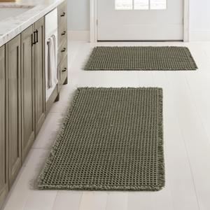 MIULEE Set of 2 Waffle Bathroom Rugs, Super Absorbent Non Slip Bath Rugs, Machine Washable Bath Mats with Tassels, Ultra Soft Rubber Backed Shower Mats for Bathroom Floor, Tub, Green, 17x24 Inch