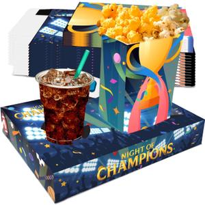 Movie Night Supplies(24pcs)-Neon Style Movie Night Snack Trays*12+Popcorn Buckets*12,Kid's Birthday Party,Game Night,Movie Night Snack Trays with Popcorn Bags. (Champion's Night)
