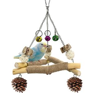 New with Bell! Wooden Bird Swing for Cage, 3-in-1 Hanging Parrot Toy with Chew Toys, 3 Sisal Perches & Stable Triangle Design for Parakeets, Cockatiel, Conures, Lovebirds, Quaker Parrots