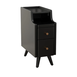 Small Nightstand with Drawers, Solid Wood Bedside Table, Narrow BlackNightstand for Bedroom