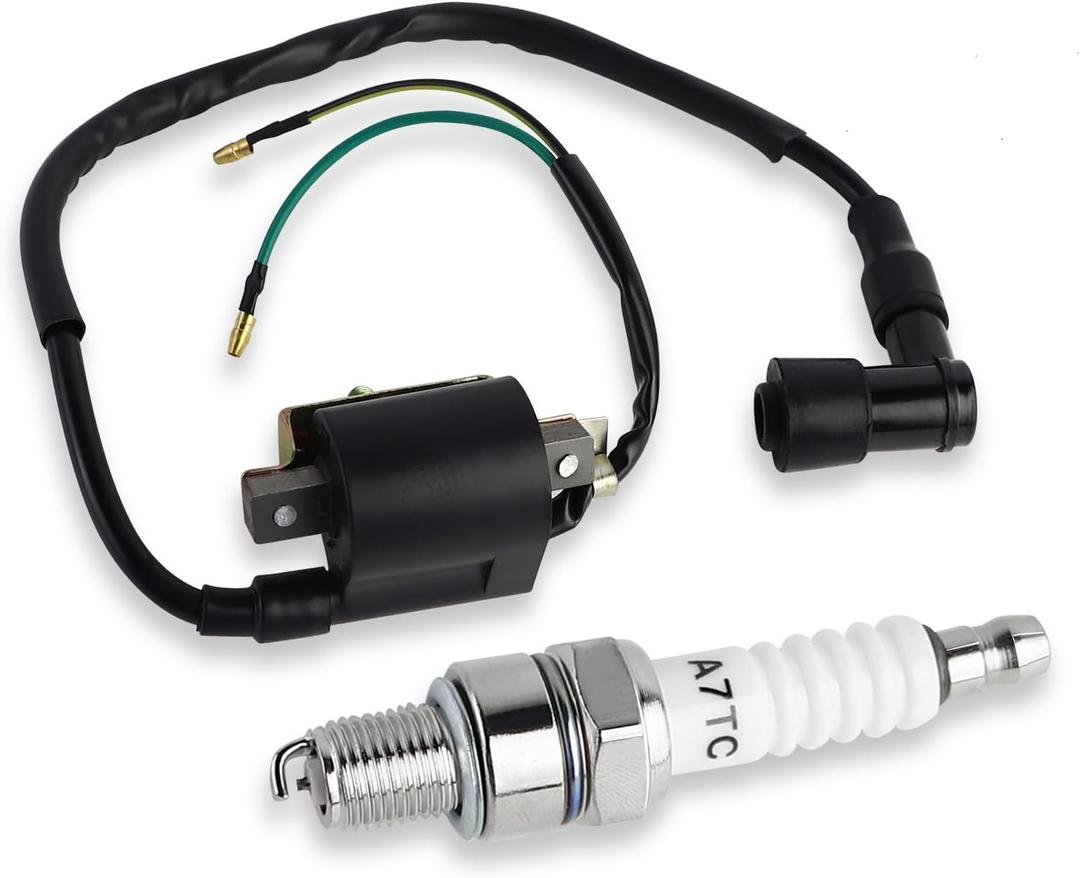 FLYPIG 2-Wire Ignition Coil with A7TC Spark Plug for 4 stroke 50cc 70cc 90cc 110cc 125cc Honda XR50 CRF50 ATC110 C70 Z50 Coolster Quad ATV 3050B 3050 B3050A Dirt Bike Go Kart Roketa Taotao Baja Kazuma