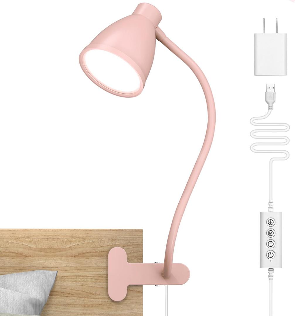 BOHON Cute Desk Lamp with Clamp 10W 38 LED Clip on Light, 5 Color 10 Brightness Auto Off Timer Flexible Gooseneck Pink Lamp Kawaii Accessories Desk Lights for Office Home Bed Bedside Reading, Pink
