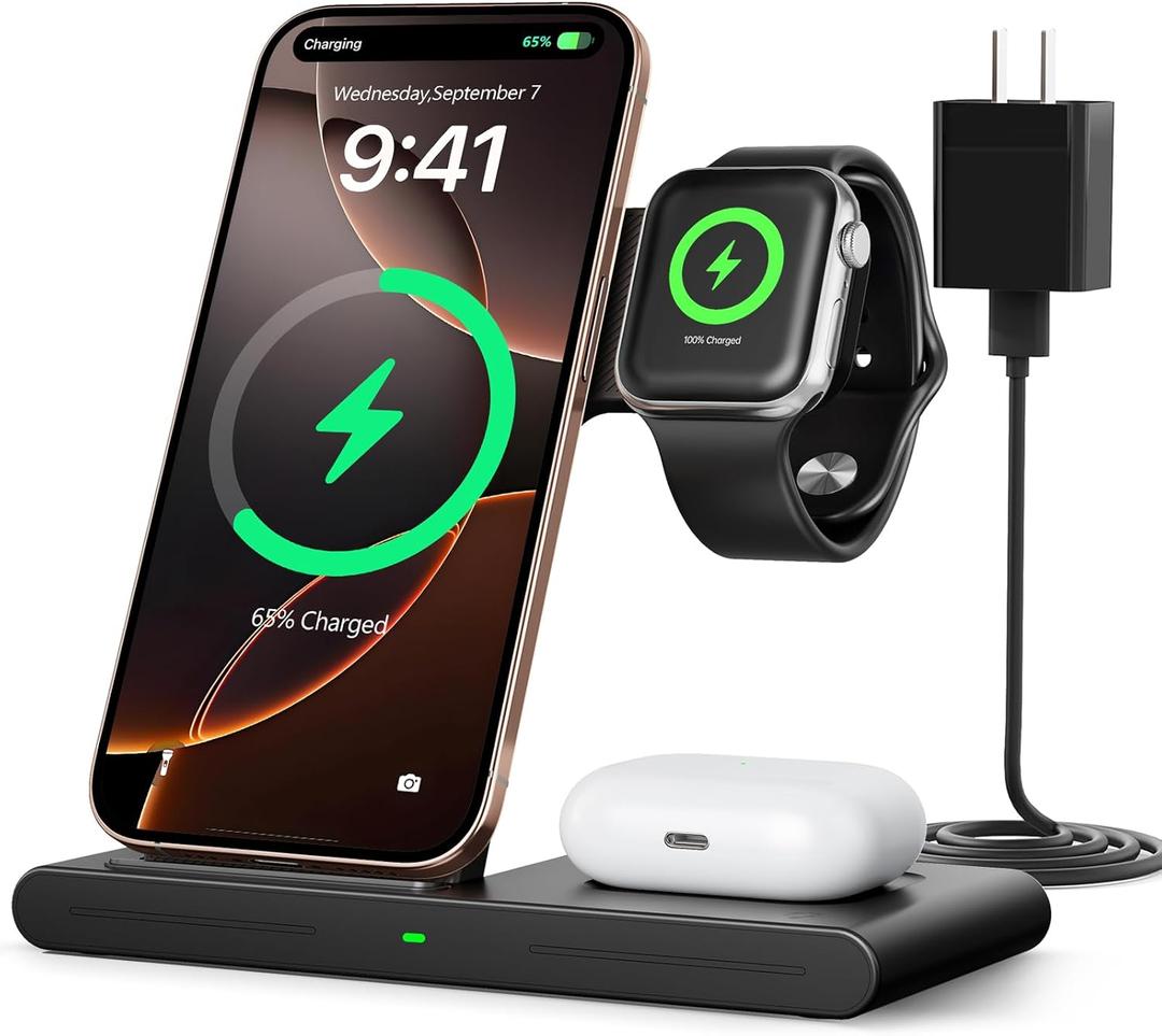RYND 2026 Travel Portable Wireless Fast Charger for Apple & Android Charging Station,3 in 1 Charging for iPhone17 16 15 14 13 12,Apple Watch Series & Air pods 4 3 2 Pro,Samsung Galaxy (Black)