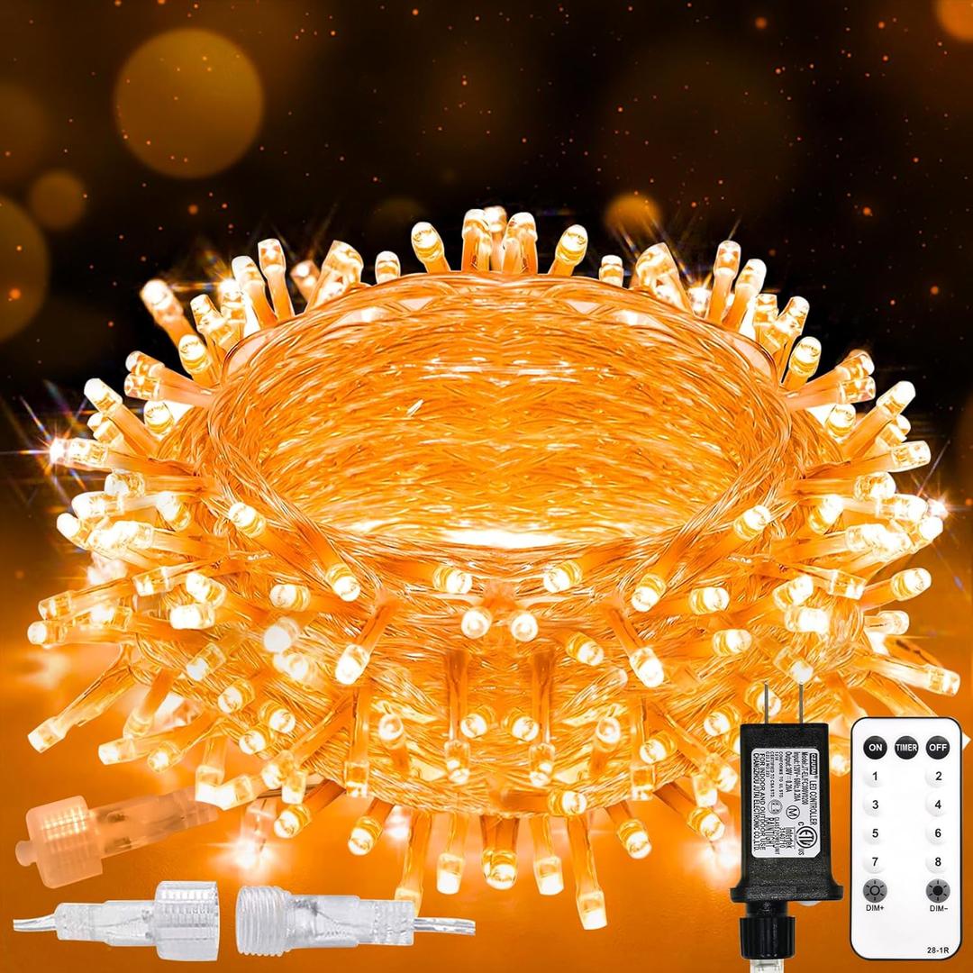 suddus Orange String Lights Outdoor with Remote, 33ft 100 LED Connectable Waterproof Halloween Lights Plug in, Dimmable Clear Wire Fairy Lights for Fall,Thanksgiving, Party, Garden, Porch, Dorm Decor