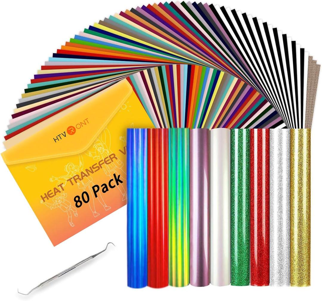 HTVRONT HTV Heat Transfer Vinyl Bundle: 80 Pack 12" x 10" Iron on Vinyl for T-Shirt, 39 Assorted Colors with Vinyl Accessories Tweezers for Silhouette Cameo or Heat Press Machine