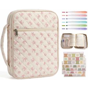Large Bible Cover Case for Women - Quilted Bible Carrying Case Church Bag with Durable Handle & Zipper Pocket, Protective Scripture Book Cover Organizer with Bible Study Supplies Kit, Pink Bow