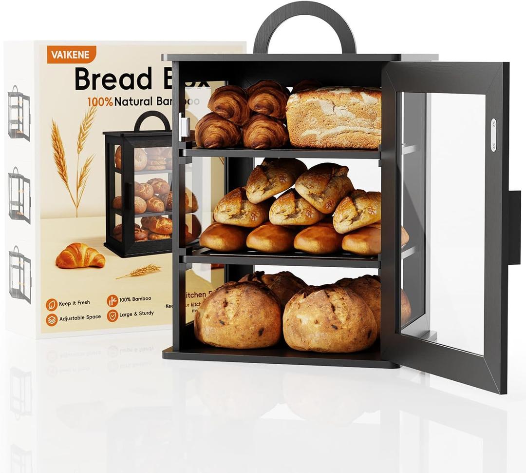 Black Bread Box for Kitchen Countertop, Bamboo Bread Storage Bin for Homemade with Window, Farmhouse Style Breadbox Organizer for Loaves, Pastries, and Snacks