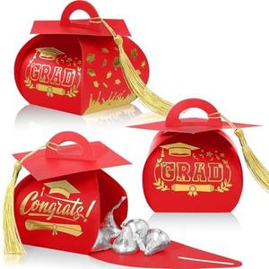 Spakon 30 Pcs Graduation Cap Gift Box Graduation Party Favors Candy Boxes Treat Box with Tassel Table Centerpieces Class of 2025 Grad Decorations(Red, Gold)
