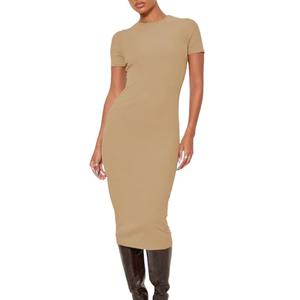 YouSexy Women's Summer Short Sleeve Ribbed Casual Dresses Crew Neck Bodycon Midi Dress Camel, XXL