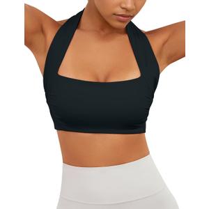 HOCANDY Womens Halter Sports Bra Square Neck Racerback Bras Seamless Padded Yoga Bra Workout Crop Tank Top (Black, S)