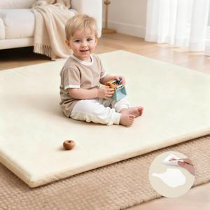 Baby Play Mat for Floor,50x50 Playpen Mat,Non-Slip Leather&Thick Foam Floor Cushion,Removable Waterproof Cover,Easy Care for Baby Crawling,Toddler,Kids,Tummy Time (Beige)