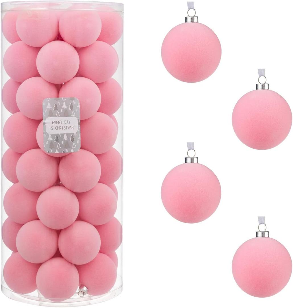 Every Day is Christmas Velvet 50ct 57cm/2.24" Christmas Ornaments, Shatterproof Christmas Tree Ornament Set, Flocking Ball Decorations (Velvet Pink)