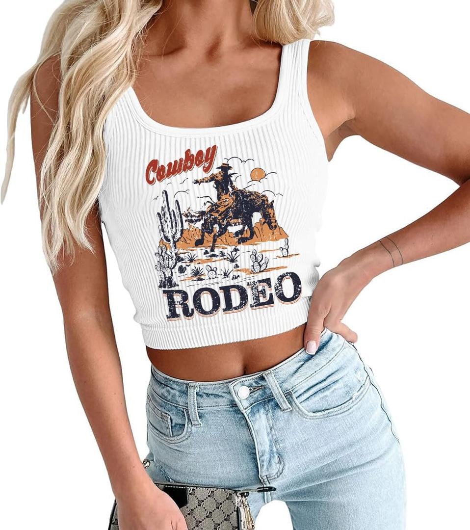 Cowgirl Cropped Tank Tops Summer Country Concert Outfits for Women Western Cowboy Vintage Graphic Crop Top (Medium)