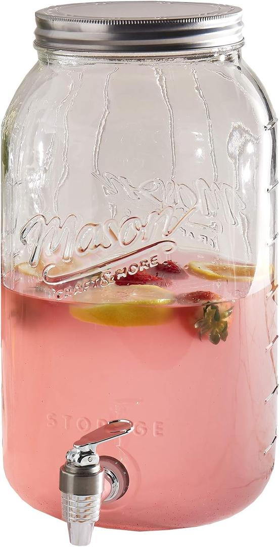 Mason Craft & More Drinkware Collection- Durable Glass Leak Proof Beverage Glassware, 8 Liter Mason Drink Dispenser With Metal Lid