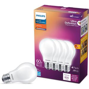 PHILIPS LED 60W A19 4-Pack Ultra Definition Soft White LED Light Bulbs (2700K) 800 Lumen (8W = 60W) Dimmable Clear Flicker-Free Light Bulbs