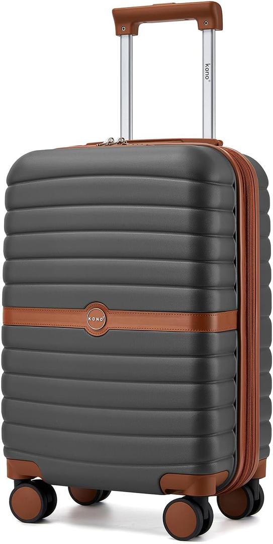 Kono Expandable Carry On Luggage 22x14x9 Airline Approved with Spinner Wheels, 20 Inch Durable PC+ABS Hardshell Travel Suitcase Rolling Luggage with Lock, Grey/Brown
