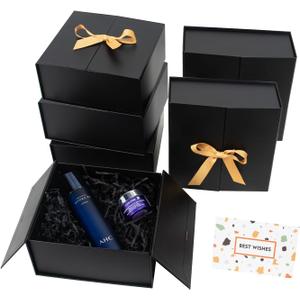 Gift Boxes with Lids 6 Pack, 9x9x3 Inch Large Black Gift Box with Ribbon Card Fancy Gift Wrap Boxes for Anniversary Groomsmen Proposal Weddings Boyfriend Father's Day