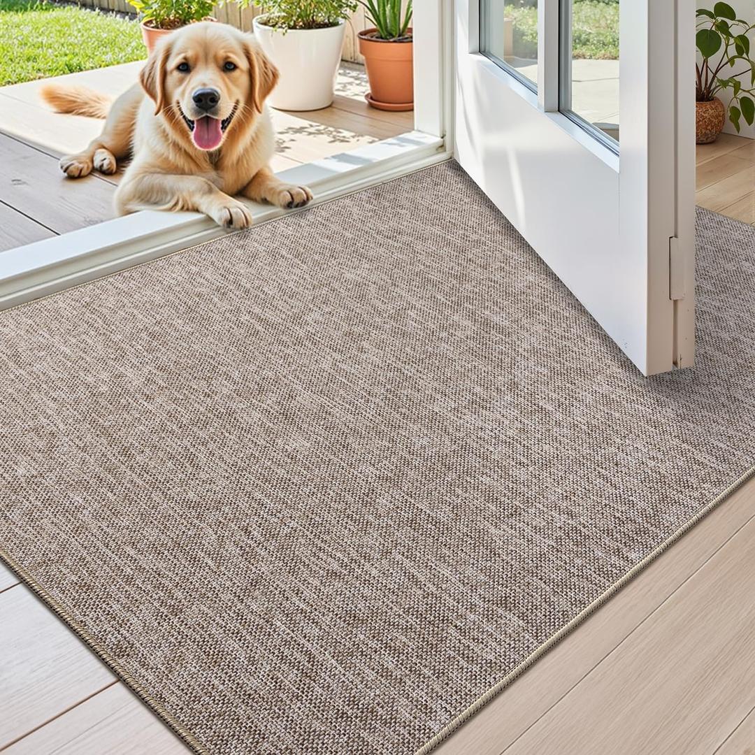 Color&Geometry Small Ultra Thin Indoor Door Mat (Rolled-up NO Creases) 17"x30", Non Slip Rubber Backed Dirt Trapper Door Mat Indoor Entrance, Low Profile Entryway Mat, Easy Clean, Light Brown Linen (1'5" x 2'6" (Rectangular))
