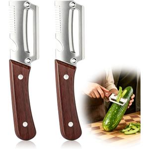2 x Multifunctional Vegetable Peeler, 2PCS Premium Vegetable Peeler with Wooden Handle and Bottle Opener, 3-In-1 Stainless Steel Kitchen Tool, for Fruit Veggie Peeling and Shredding Scallions (0A)