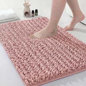 Disolla Small Bath Mat 17x24 Inch - Chenille Pink Bathroom Rug, Extra Soft Absorbent Plush Shaggy Bathmat, Non-Slip Machine Washable Floor Mat for Shower, Tub and Sink