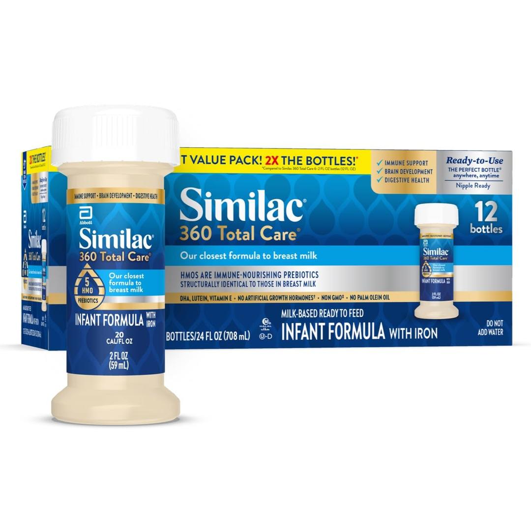 Similac 360 Total Care Infant Formula, Has 5 HMO Prebiotics, Our Closest Prebiotic Blend to Breast Milk, Non-GMO,‡ Baby Formula, Ready to Feed, 2-fl-oz Bottle, Pack Of 2, BBD: SEP.01.2026