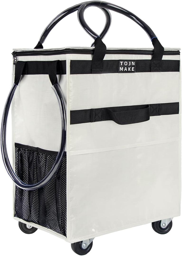 Reusable Grocery Bag On Wheels Shopping Trolley with 8 Pockets and Zipper Cover Foldable Rolling Tote, Heavy Duty Handles, Carries Up to 66 LBS (Large, Beige)