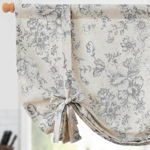 Jinchan Tie Up Shade Valance Curtain Linen Floral for Kitchen Window Living Room Cafe Farmhouse Light Filtering Rustic French Retro Country Curtain Over Sink 54 Inch 1 Panel Grey on Beige