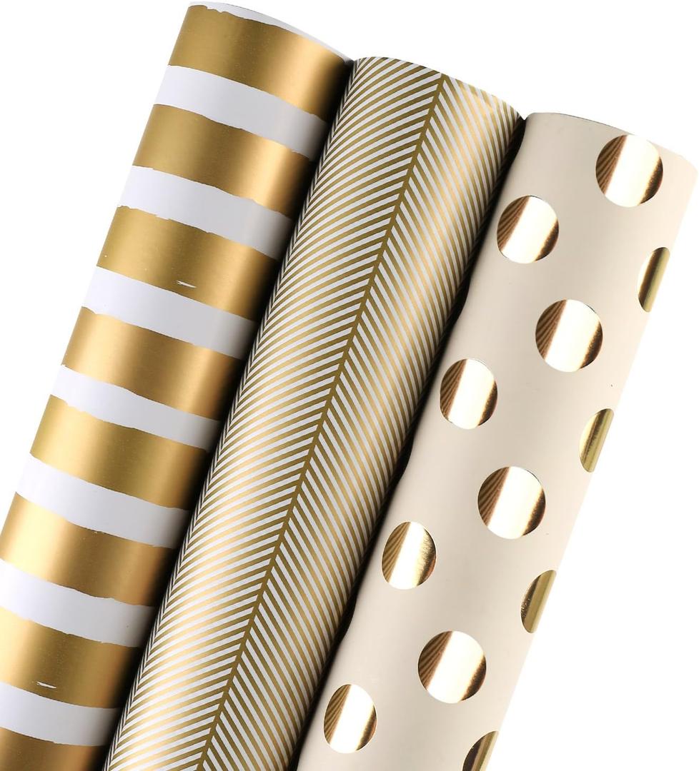 WRAPAHOLIC 30 Inch Gold Wrapping Paper Roll - Jumbo Roll Gold Gift Wrapping Paper for Christmas, Birthday, Holiday, Wedding, Baby Shower - 3 Rolls - 30 inch x 120 inch Per Roll