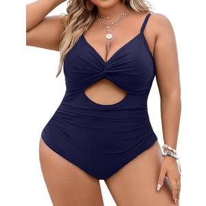 Blooming Jelly Womens Plus Size Bathing Suit Tummy Control One Piece Swimsuit Twist Front Ruched Swimwear (Large, Dark Blue)