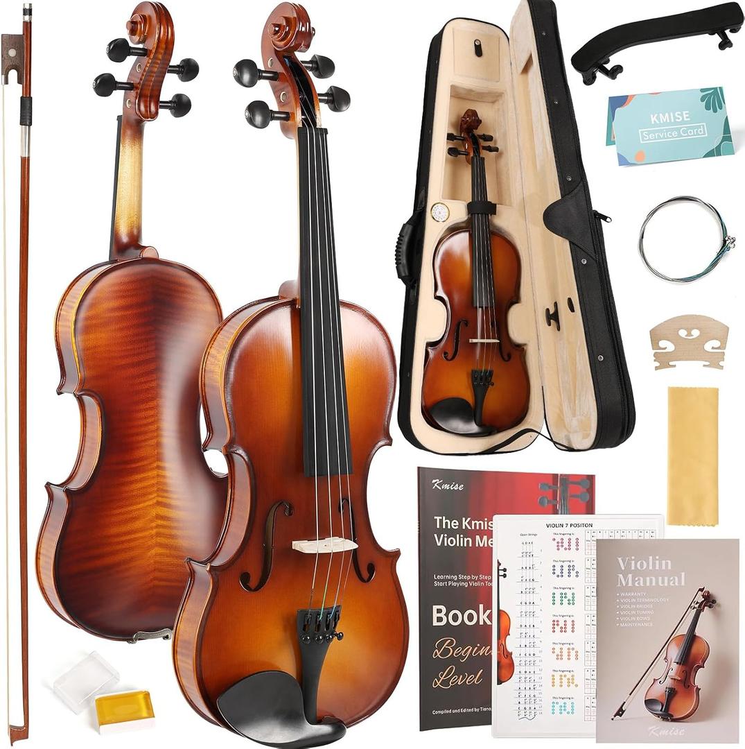 Kmise Violin 4/4 Full Set, High Density Ebony Violins, Glossy Acoustic Fiddle for Adults, Beginners, Students with Violin Case, Strings, Bow Kit, Shoulder Rest, Beginner's Guide (Tiger-Stripe)