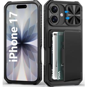 BXYJY for iPhone 17 Case Wallet, Card Holder (4-5 Cards), Slide Camera Cover, Military Drop Protection, Rugged Heavy Duty Men Women Shockproof Protective Phone Case for iPhone 17 6.3" 2025, Black