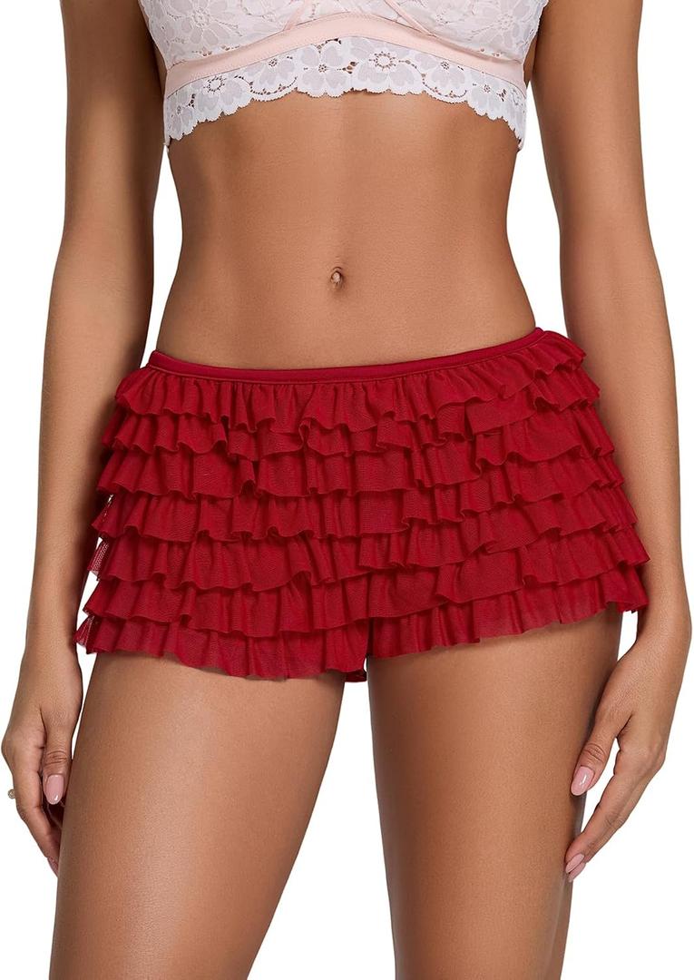 Aopwsrlyi Women Ruffle Shorts Low Rise Frilly Puffy Sexy Boy Short Panties with Ruffles and Bow (Red, M)