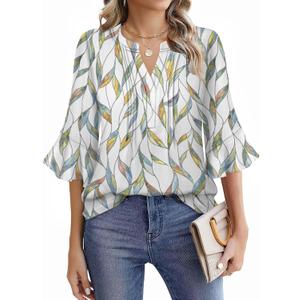 Lylinan Tops for Women V Neck Blouses 3/4 Ruffle Sleeve Casual Work Style Floral Print Designs L