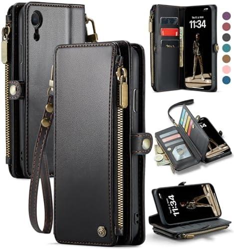 Defencase Compatible with iPhone XR Case Wallet with RFID Blocking Card Holder for Women and Men, Fashion PU Leather Magnetic Snap Flip Zipper Strap Wallet Phone Case Fit for iPhone XR 6.1", Black