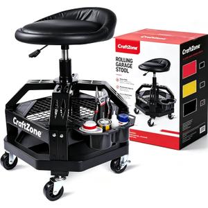Rolling Shop Stool with Wheels, Heavy Duty Garage Shop Creeper,Adjustable Height Roller Seat, 360-degree Swivel Industrial Garage Stool with Storage Shelf, Black