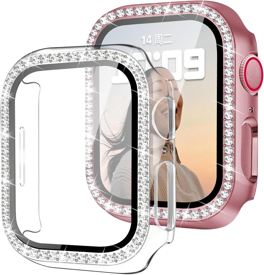 2 Pack Bling Case with HD Screen Protector Compatible with Apple Watch Series 1 2 3 38mm, Women Glitter Diamond Rhinestone Bumper Face Cover for iWatch Accessories 38mm Clear/Pink