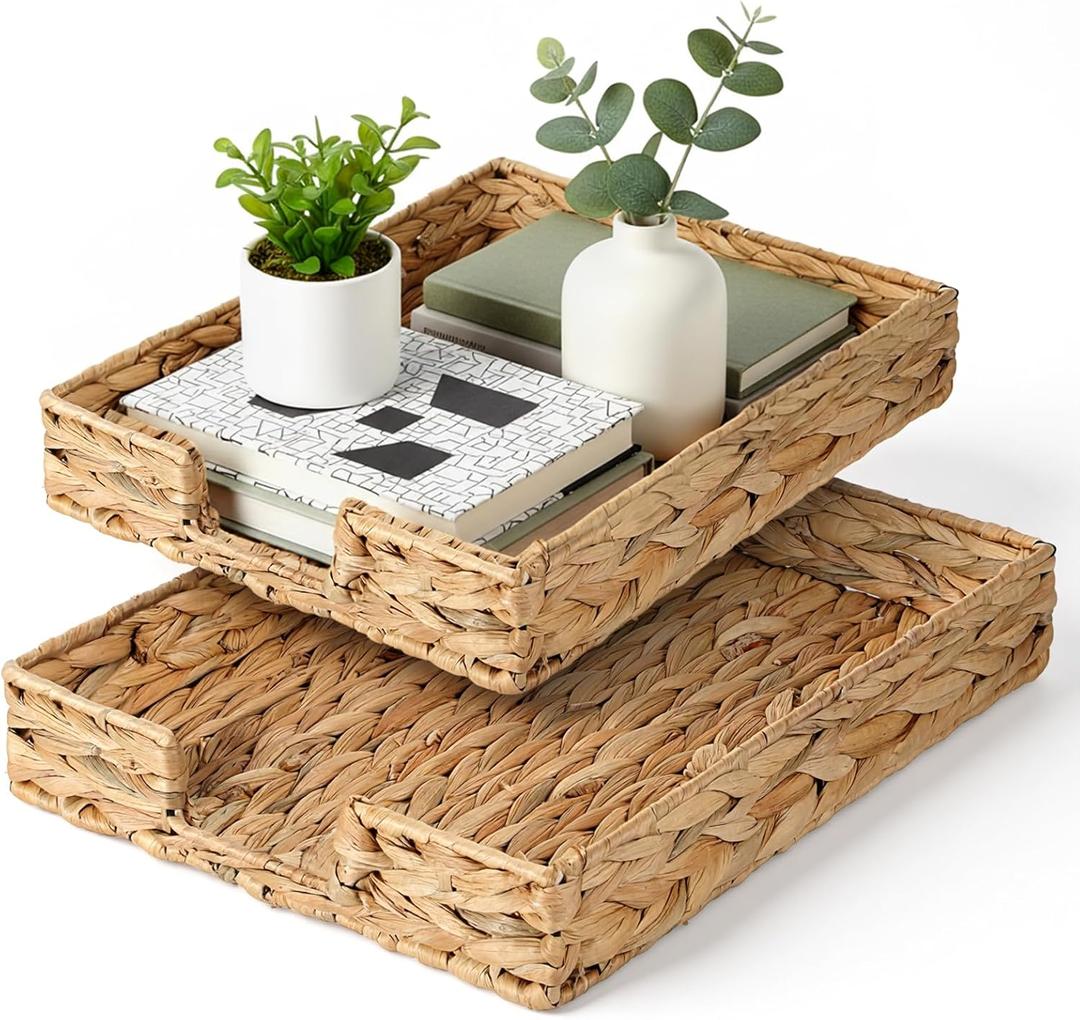 2 Pcs A4 File Tray, Water Hyacinth Desk Basket, Wicker Paper Tray File Baskets, Woven Letter Size Documents Trays, Magazine Files Storage Basket Organizer Bin for Office, Toilet, Desk