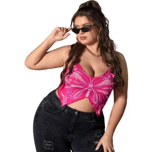 Floerns Women's Plus Size Graphic Print Spaghetti Strap Crop Cami Tank Top (XX-Large Plus, Pink)