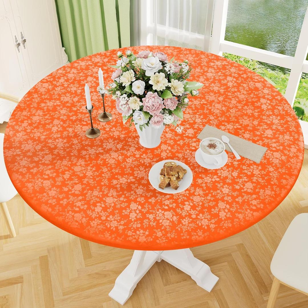 Smiry Round Picnic Tablecloth, Elastic Waterproof Fitted Heavy Duty Vinyl Tablecloths for 45"-56" Tables, Wipeable Washable Table Cover for Kitchen, Dining, Camping, Outdoor, Orange