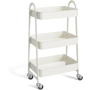 NEWBULIG 3-Tier Metal Rolling Cart with Lockable Wheels, Heavy Duty Mobile Utility Storage Shelf, Roller Book Snack Cart, Organization for Livingroom, Bathroom, Office, White