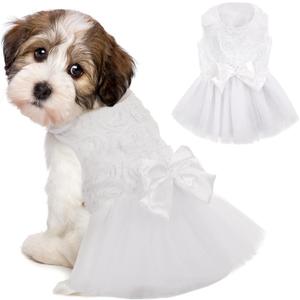 IDOMIK Dog Wedding Dress Puppy Bowknot Princess Skirt, Pet Bride Pure White Lace Tutu Formal Dress Flower Bubble Skirt Tulle Ruffle Sundress Vest Shirts, Birthday Party Costume for Small Dog Apparel S