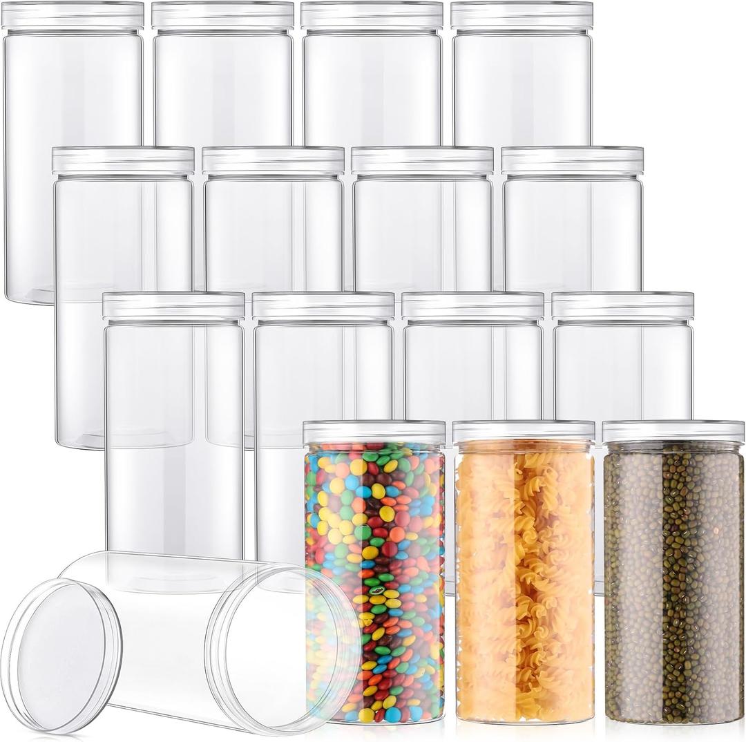 Dandat 16 Pack 30 oz Plastic Jars with Lids Plastic Mason Bottles Container Canister Wide Mouth Cylinders Kitchen Home Organize Storage for Dry Good, Spice, Honey, Candy, Peanut Butter(Clear)