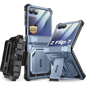i-Blason for Samsung Galaxy Z Flip 7 Case with Stand, [Tempered Glass Screen Protector] [Hinge Protection] [Belt-Clip], Full-Body Military Protection Phone Case for Samsung Z Flip 7, Armorbox, Blue