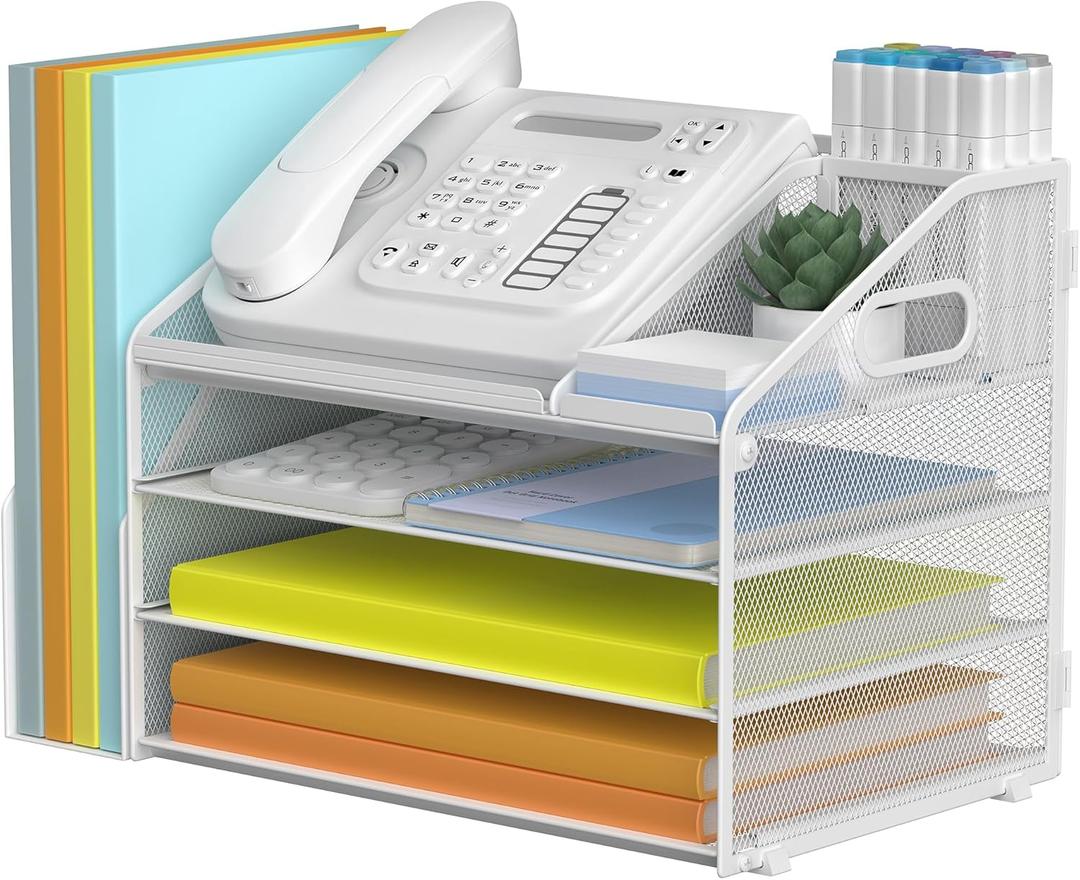 DocNest 4 Tier Paper Letter Tray File Organizer, Mesh Desk File with Handle, Workspace Desk Organizers with Pen Holder, Office Organization Storage Accessories , White (15.4" x 9.1" x 10.3")
