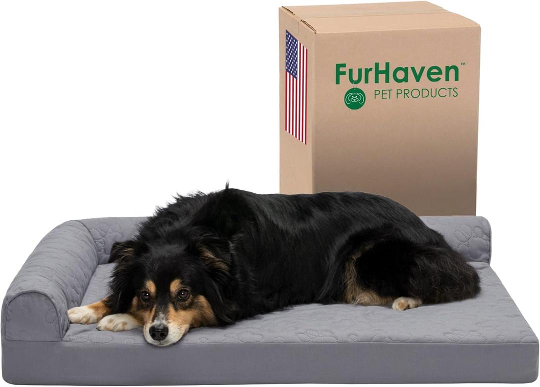 Furhaven Cooling Gel Dog Bed for Large/Medium Dogs w/ Removable Bolsters & Washable Cover, For Dogs Up to 55 lbs - Pinsonic Quilted Paw L Shaped Chaise - Titanium, Large (36.0"L x 27.0"W x 6.5"Th)