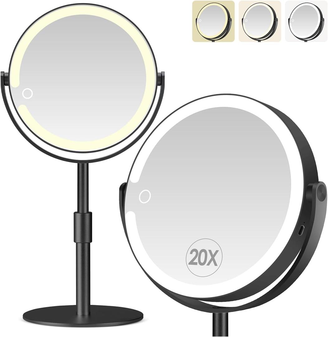 Led Makeup Mirror with Lights, 20X Magnifying Mirror, Rechargeable Magnified Makeup Mirror with 360Rotation & Height Adjustable, Detachable Vanity Mirror(Black)