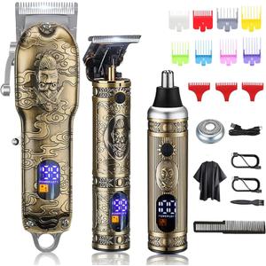 Hair Clippers for Men Barber Clippers and Trimmer Set of 3, Professional Cordless Nose and Beard Trimmer Hair Cutting Grooming Kit, Rechargeable, LCD Display