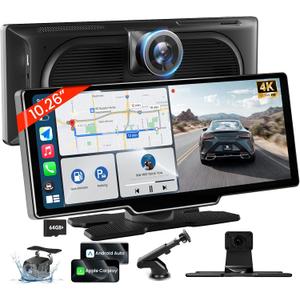 10.26'' Wireless Carplay Screen for Car with 4K Dash Cam & 1080P Backup Camera, Portable Car Audio Receivers with Carplay & Android Auto, GPS Navigation, Airplay, Mirror Link